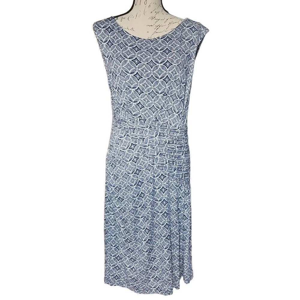 Kut from the Kloth Ladies Sz 14 Blue White Patterned Sleeveless Gathered Dress